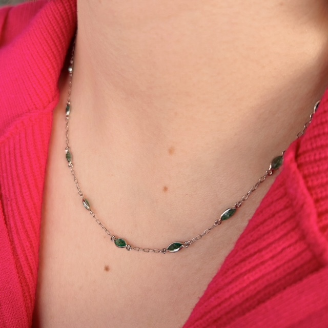 Estate Platinum Hand Made Emerald Station Necklace Olympic Jewelry