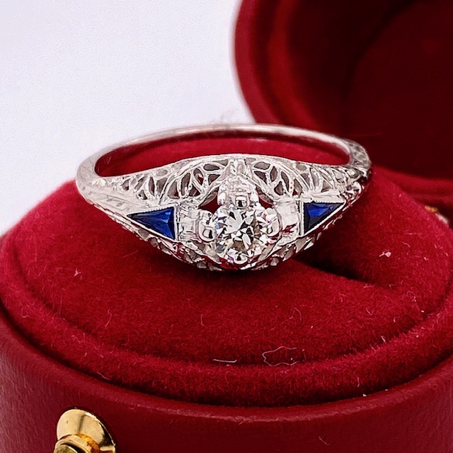 Edwardian Filigree Diamond & Sapphire Engagement Ring Circa 1905