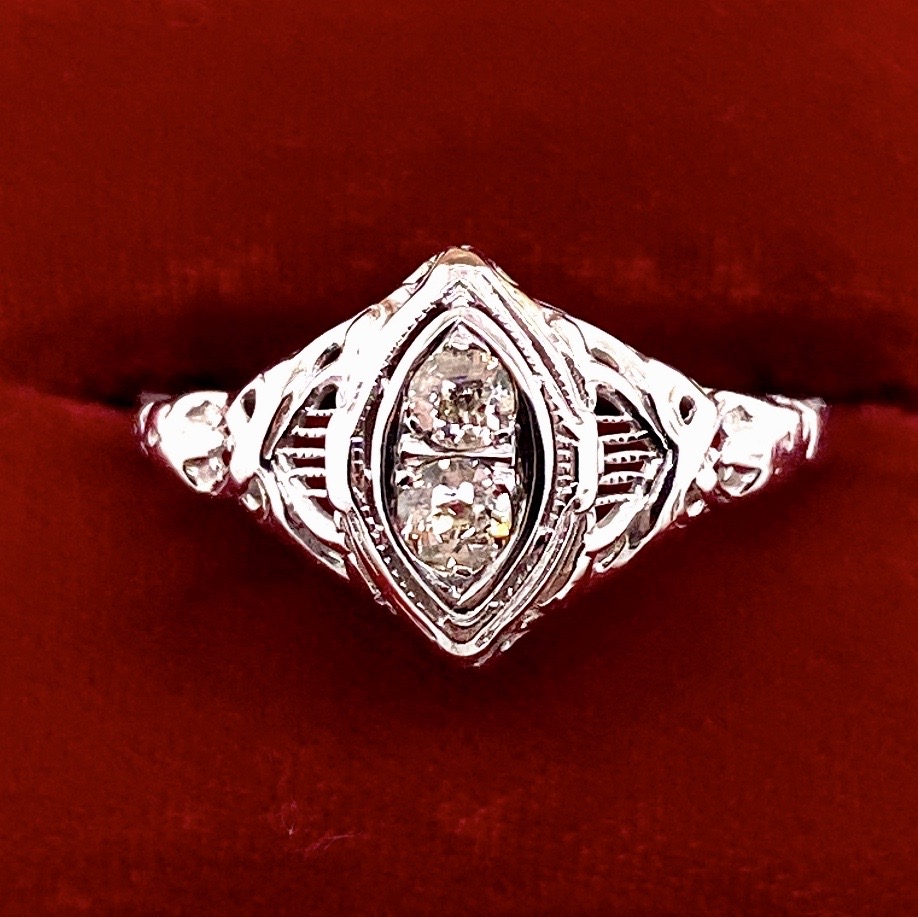 Art Deco Navette Filigree Engagement Ring Circa 1919