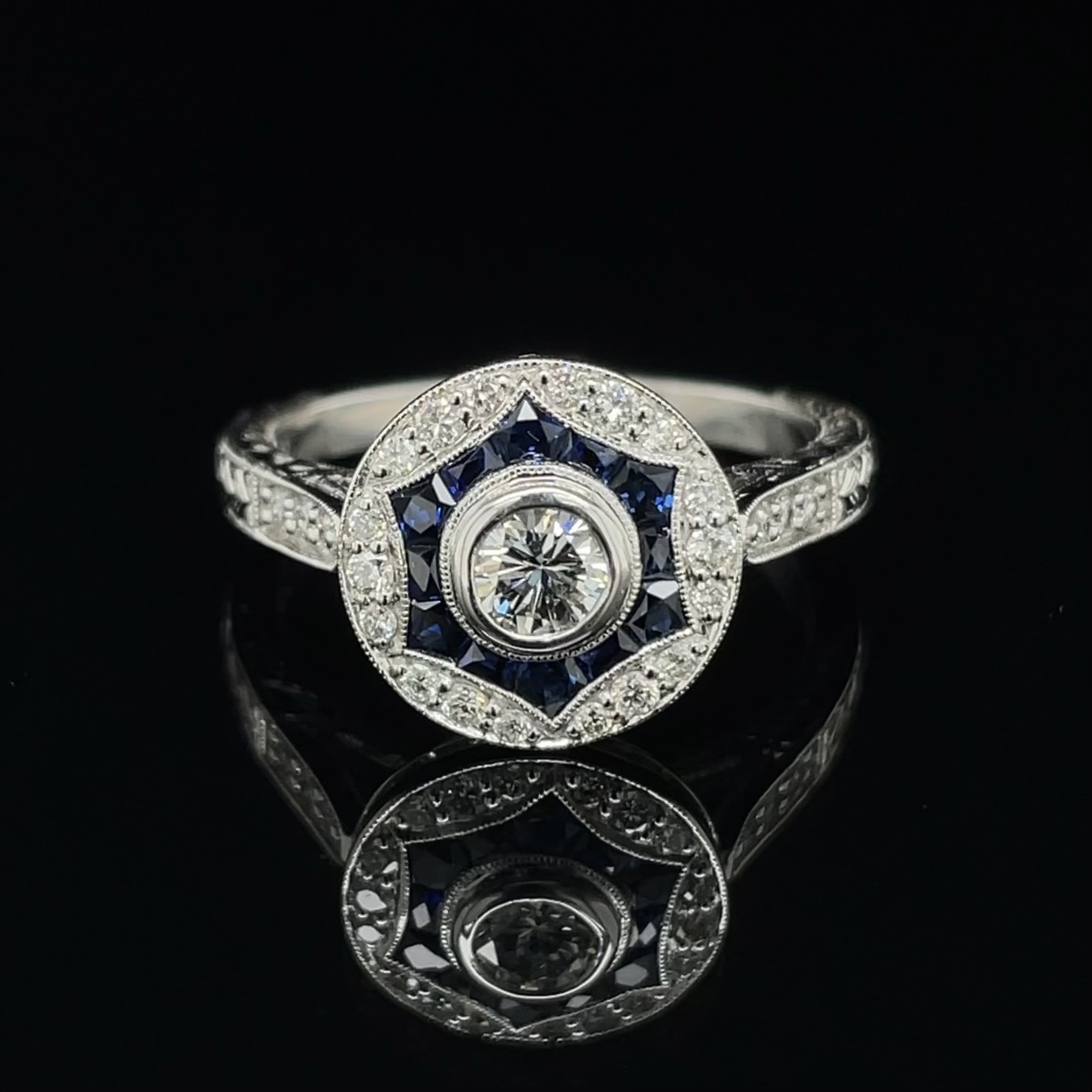 Art Deco Sapphire & Diamond Halo Target Engagement Ring | Olympic Jewelry -  Open For Walk-ins