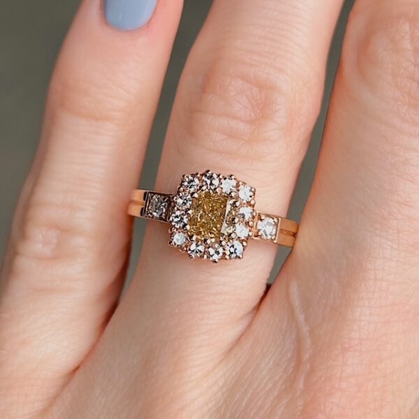 Victorian Inspired .87 Carat Fancy Yellow Diamond Halo Ring - Image 3