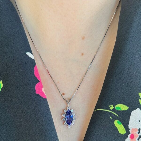 2.8 Carat Marquise Shape Tanzanite Diamond Halo Pendant