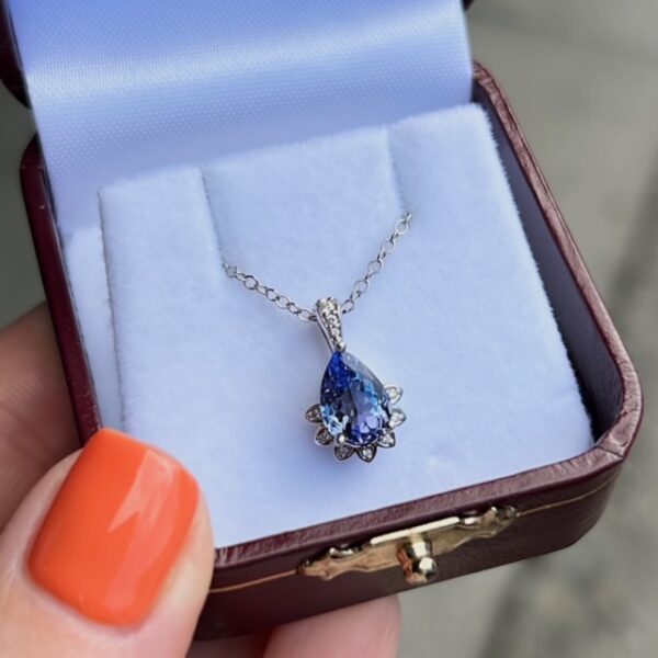 Recycled Pear Shape Tanzanite & Diamond Pendant