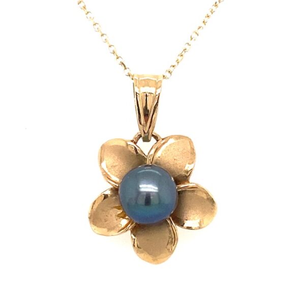 Estate Black Pearl & Gold Plumeria Pendant - Image 2