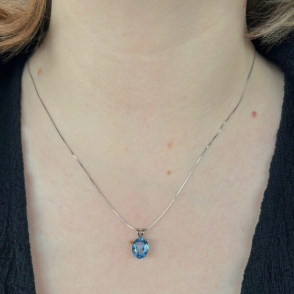 Recycled White Gold Oval Blue Topaz Pendant - Image 2