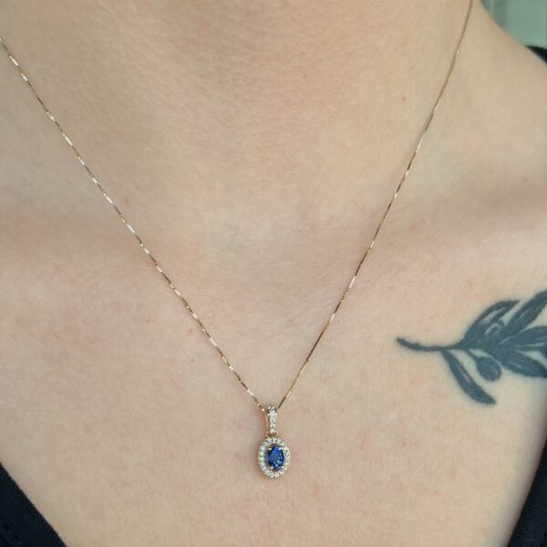 Recycled Oval Sapphire & Diamond Halo Pendant - Image 2