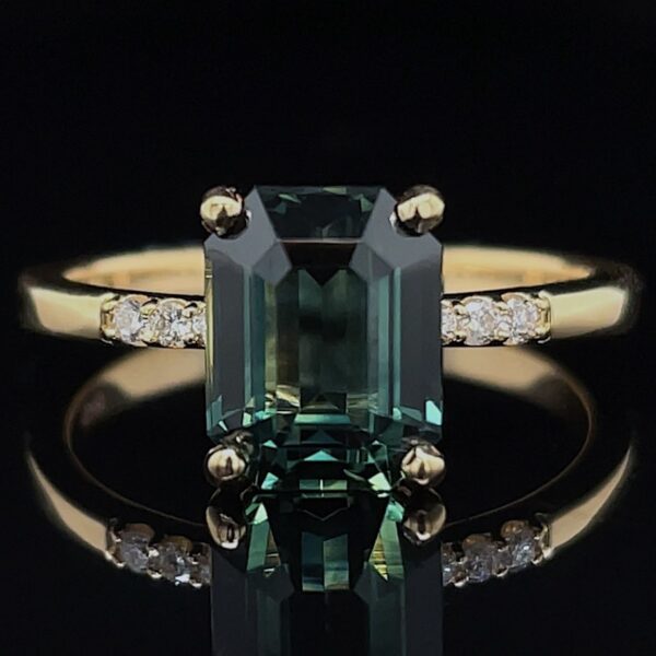 Recycled 2.93ct Emerald Cut Teal Sapphire & Diamond Ring