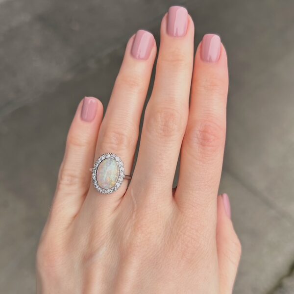 Antique Platinum Opal & Old European Cut Diamond Ring - Image 4