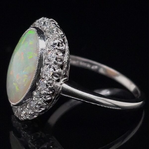 Antique Platinum Opal & Old European Cut Diamond Ring