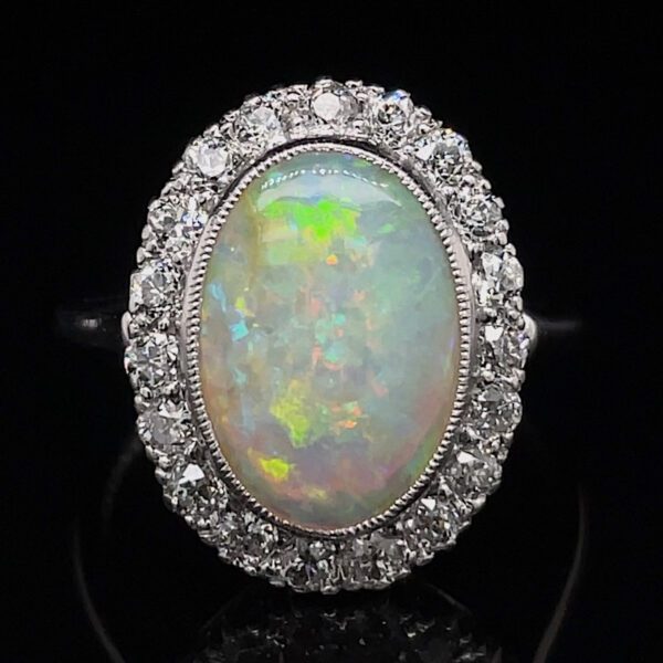 Antique Platinum Opal & Old European Cut Diamond Ring - Image 5