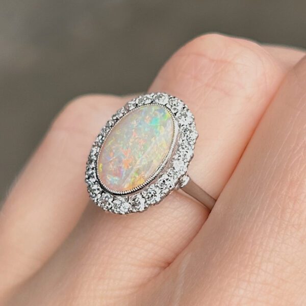 Antique Platinum Opal & Old European Cut Diamond Ring - Image 3