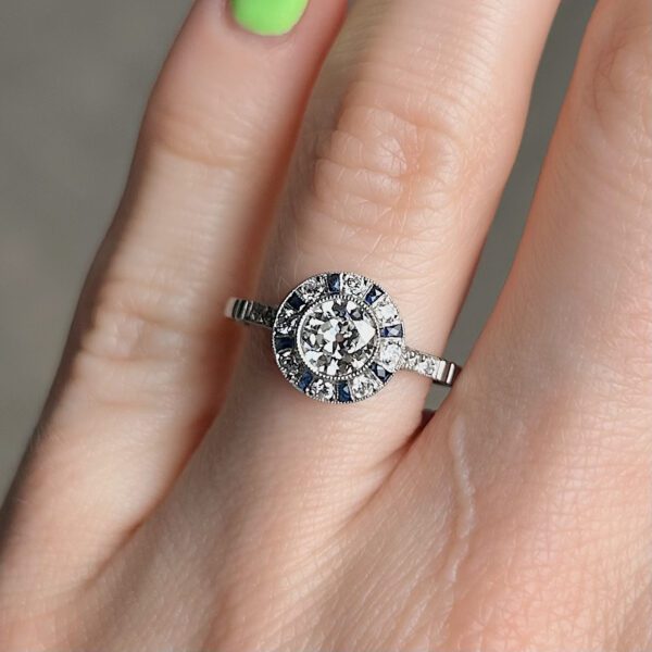 Antique Platinum & Sapphire Diamond Halo Ring - Image 3