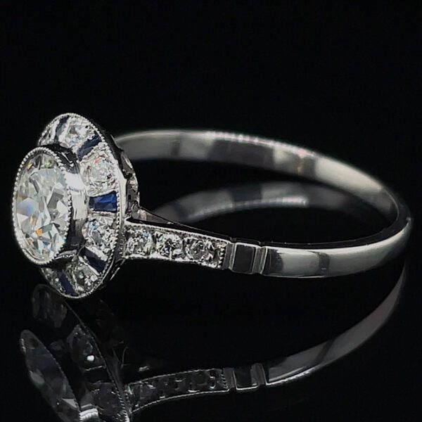 Antique Platinum & Sapphire Diamond Halo Ring - Image 2