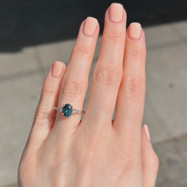 Recycled Oval Teal Sapphire & Diamond Ring - Image 4