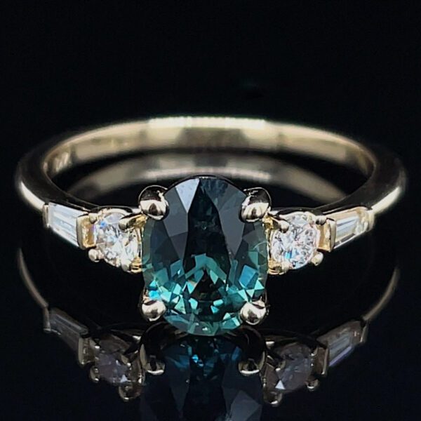 Recycled Oval Teal Sapphire & Diamond Ring