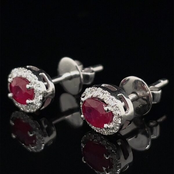 Oval Ruby Diamond Halo Stud Earrings - Image 2