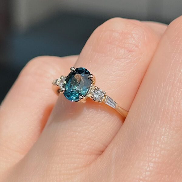 Recycled Oval Teal Sapphire & Diamond Ring - Image 3