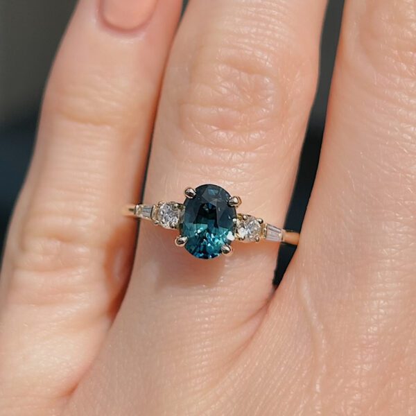 Recycled Oval Teal Sapphire & Diamond Ring - Image 2