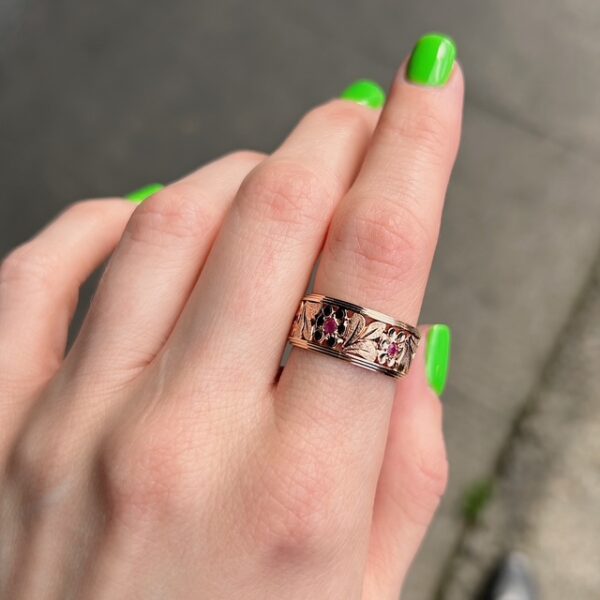 Antique Floral Ruby Wide Band - Image 3