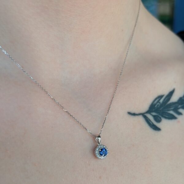 Recycled Sapphire & Diamond Halo Pendant - Image 3