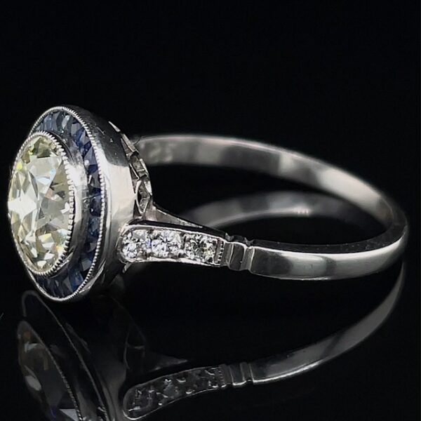 Vintage Inspired Platinum Diamond Sapphire Halo Ring - Image 2