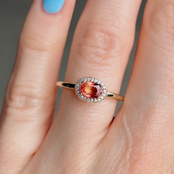 Recycled East West Orange Sapphire Diamond Halo Ring - Image 2