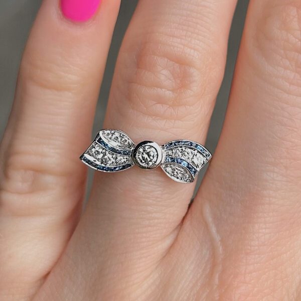 Vintage Inspired Diamond Sapphire Bow Ring - Image 3