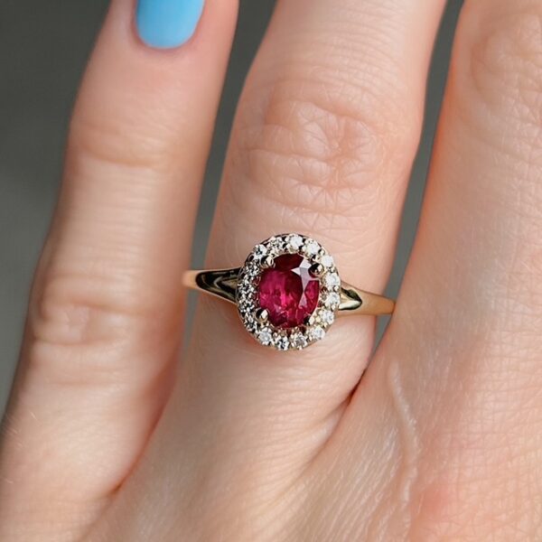 GIA Certified Recycled Ruby & Diamond Halo Ring - Image 3