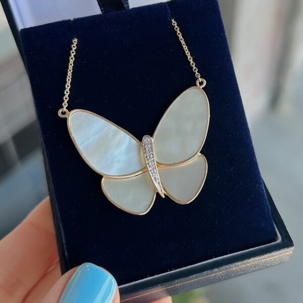 Estate Mother of Pearl Diamond Butterfly Pendant - Image 2