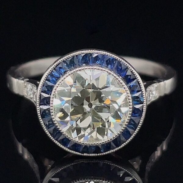 Vintage Inspired Platinum Diamond Sapphire Halo Ring