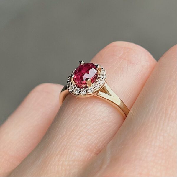 GIA Certified Recycled Ruby & Diamond Halo Ring - Image 4