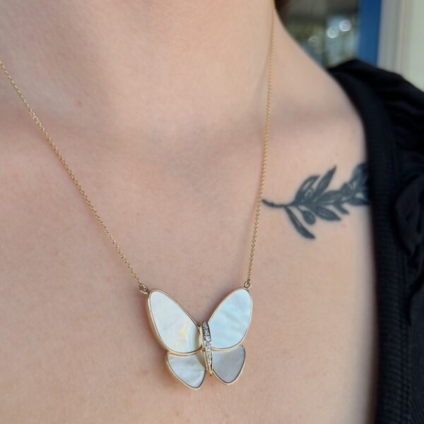 Estate Mother of Pearl Diamond Butterfly Pendant