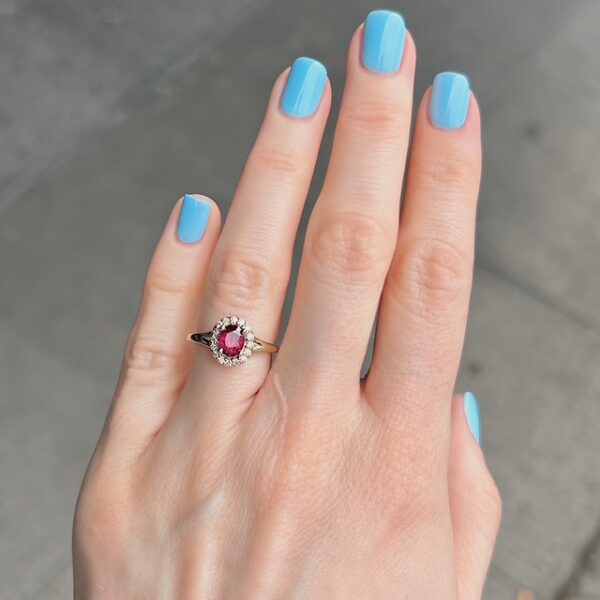 GIA Certified Recycled Ruby & Diamond Halo Ring - Image 5