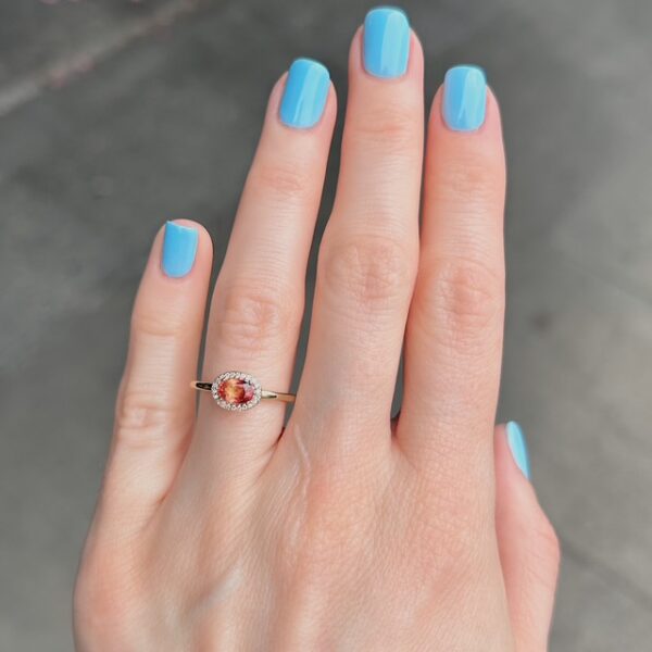 Recycled East West Orange Sapphire Diamond Halo Ring - Image 3