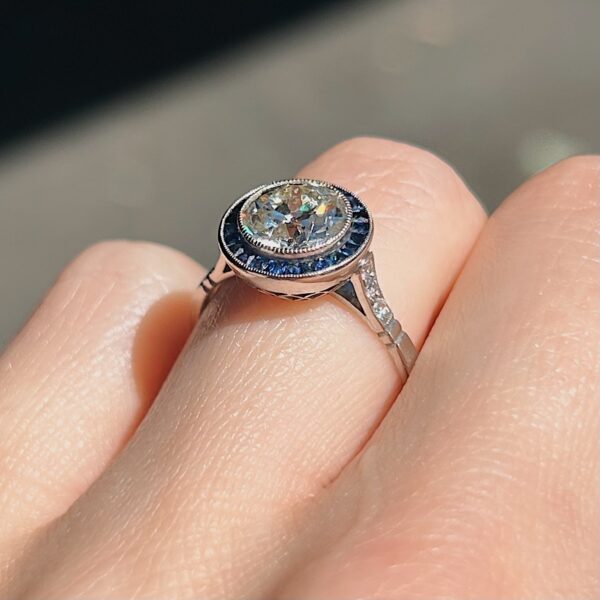 Vintage Inspired Platinum Diamond Sapphire Halo Ring - Image 4
