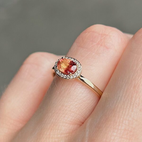 Recycled East West Orange Sapphire Diamond Halo Ring - Image 4