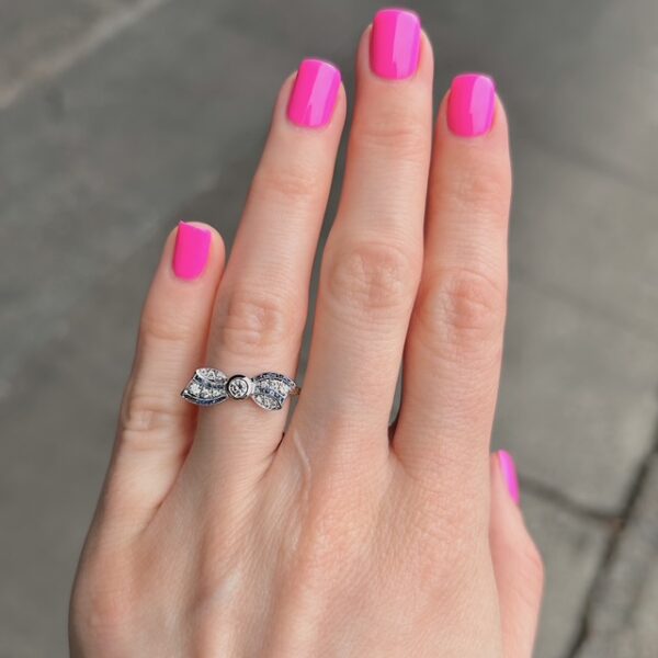 Vintage Inspired Diamond Sapphire Bow Ring - Image 4