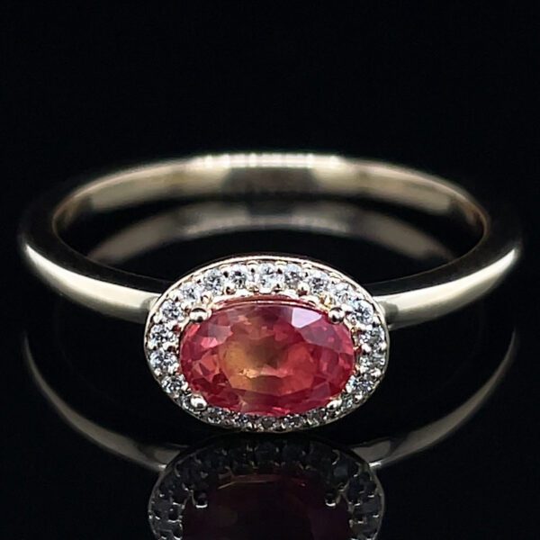 Recycled East West Orange Sapphire Diamond Halo Ring