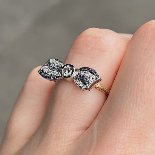 Vintage Inspired Diamond Sapphire Bow Ring - Image 5
