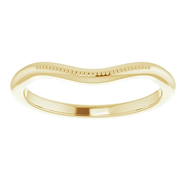 Gold wavy band ring with a beaded edge along the top for decorative detail