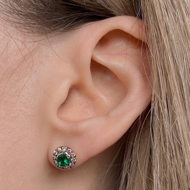 Estate 18k Emerald & Diamond Halo Studs - Image 2