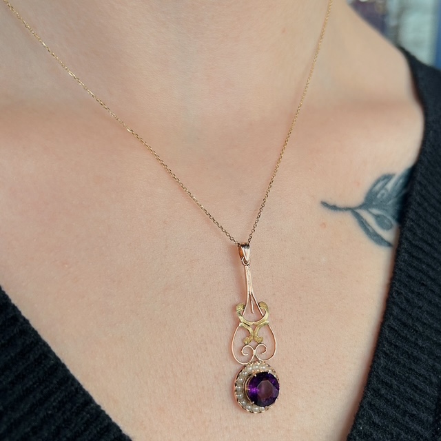 Antique Amethyst & Pearl Lavalier Pendant - Image 3