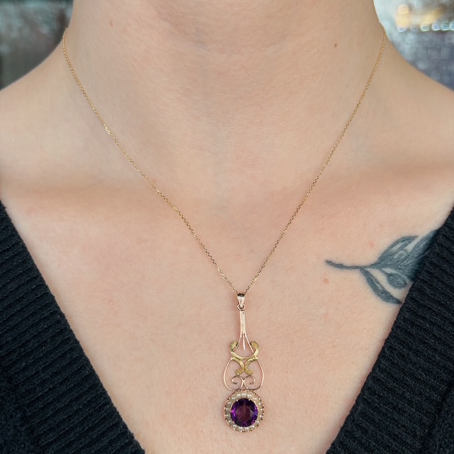 Antique Amethyst & Pearl Lavalier Pendant - Image 2