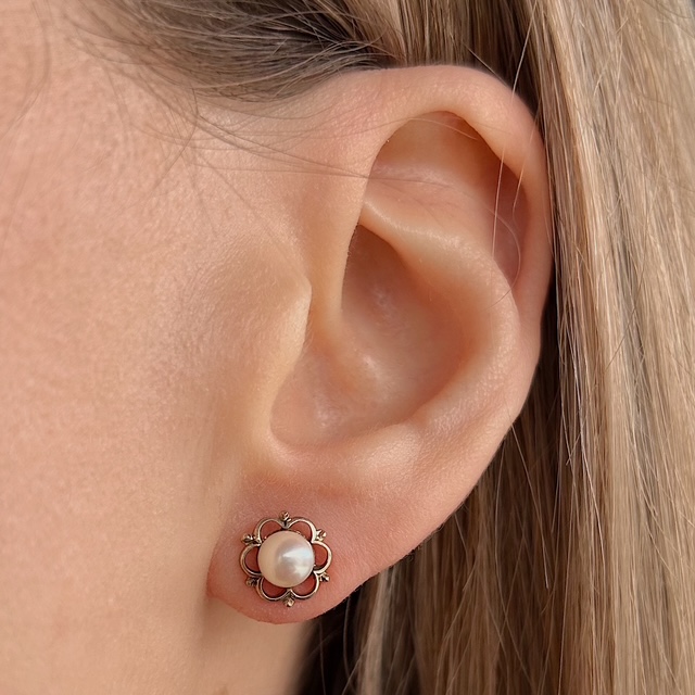 Antique 14k Floral Pearl Studs - Image 2