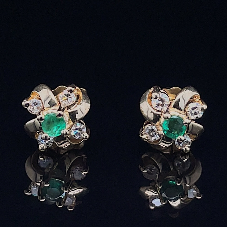 Estate Emerald & Diamond Clover Style Studs - Image 2