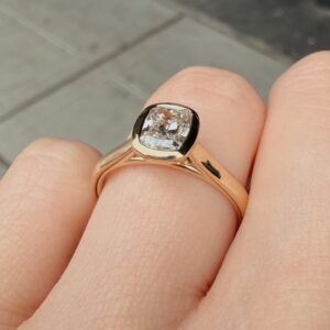 Rose gold ring with a square-cut diamond on a finger, shown in a close-up view