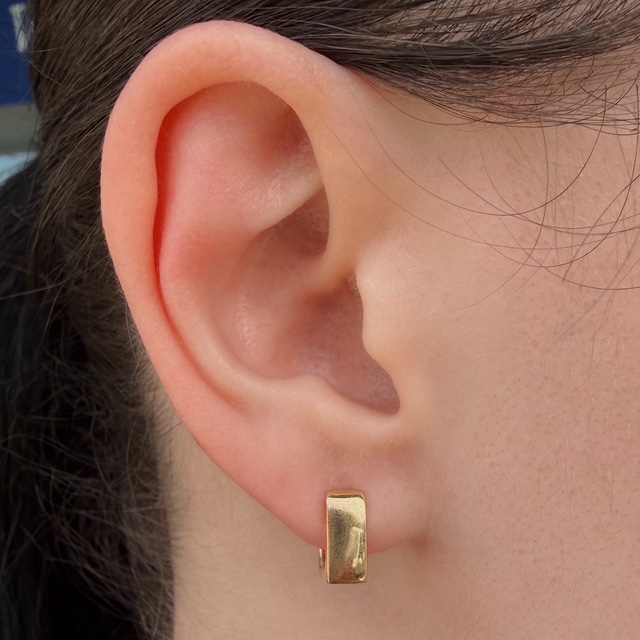 Close-up of a left ear displaying a small rectangular gold earring on the earlobe.
