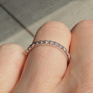 Close-up of a thin diamond eternity ring on the finger, with small sparkling stones around the band.