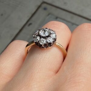 Gold ring with a cluster of small diamonds arranged in a flower shape on a finger.] , but remove extra? Wait.