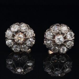 Pair of round diamond cluster earrings on a black background, sparkling reflections beneath them.